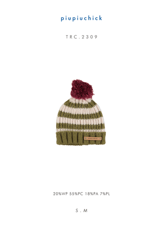 Knitted hat Green & ecru stripes