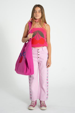 knitted top w/ straps | pink w/ cherry