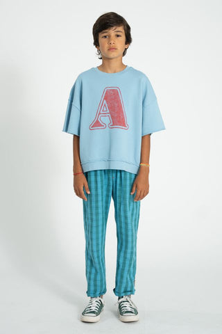 short sleeve sweatshirt | blue w/ "A"